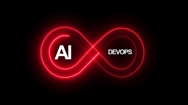 Neon glowing AI DevOps infinity loop animation showing secure development operations and security integration for continuous software delivery and automation process.4k video motion graphic animation