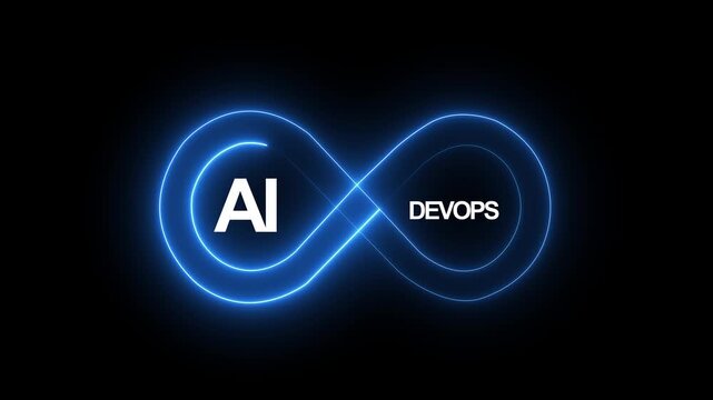 Neon glowing AI DevOps infinity loop animation showing secure development operations and security integration for continuous software delivery and automation process.4k video motion graphic animation