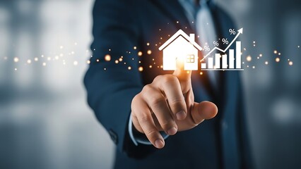 A businessman interacts with a futuristic interface displaying a house and financial graph