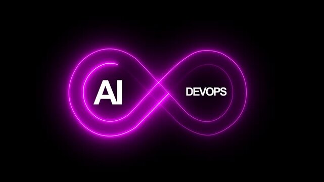 Neon glowing AI DevOps infinity loop animation showing secure development operations and security integration for continuous software delivery and automation process.4k video motion graphic animation