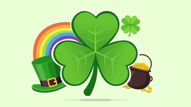 Animated St. Patrick's Day Shamrock with Rainbow Leprechaun Hat and Pot of Gold Illustration