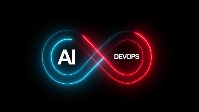 Neon glowing AI DevOps infinity loop animation showing secure development operations and security integration for continuous software delivery and automation process.4k video motion graphic animation