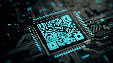 Close-up view of a glowing QR code on a circuit board, suggesting digital connectivity and data transfer. Focus on technology