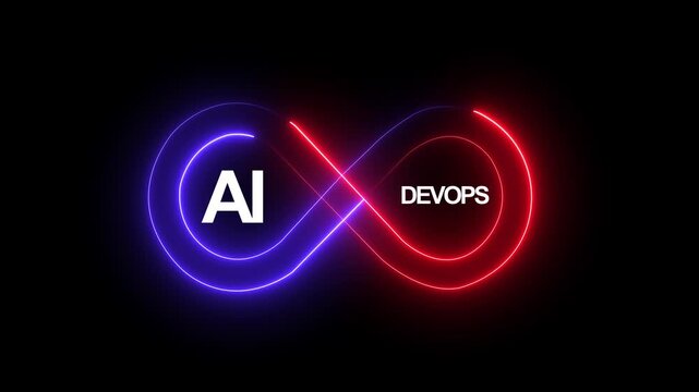 Neon glowing AI DevOps infinity loop animation showing secure development operations and security integration for continuous software delivery and automation process.4k video motion graphic animation