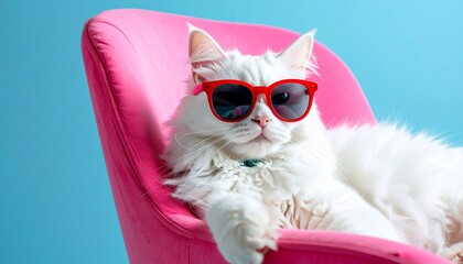 Fluffy white cat in red sunglasses reclines in a hot pink chair against a blue background