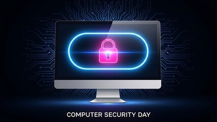 Computer security day concept with lock on monitor