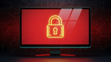 A computer monitor displaying a neon yellow lock on a red background