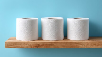 Three rolls of white, textured paper resting on a wooden shelf against a solid blue background. A simple, clean aesthetic