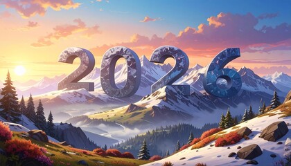 Scenic landscape with the numbers "2026" hovering above snowy mountains at sunrise