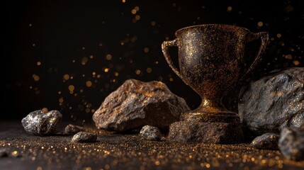 A golden trophy sits atop rocks with sparkling dust in a dark scene. The trophy signifies accomplishment and success