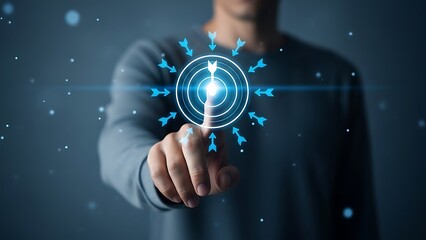 A person interacts with a futuristic virtual interface in a dark environment.