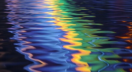 Vibrant reflection on water surface with colorful ripples