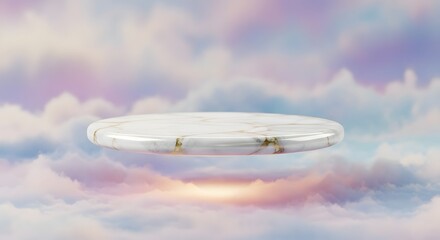 White marble platform floating above clouds at sunset