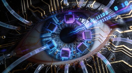 Cybernetic Human Eye with Integrated AI Microchip and Digital Data Streams – Artificial Intelligence Vision, Neural Networks, Cybersecurity and Future Technology Concept