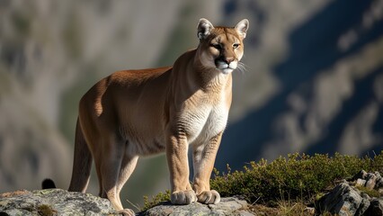 Ultra-realistic cinematic wildlife photo of a mountain lion standing clearly visible on a rugged rocky mountain landscape. Full body in frame showing powerful muscular posture, natural tawny fur with 