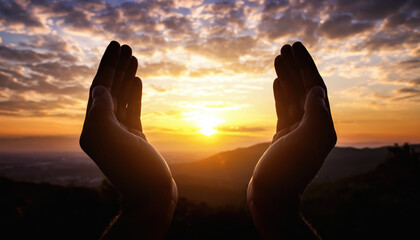Two hands cupped together, framing the vibrant golden sun setting over a distant mountain range, with dramatic clouds filling the sky.