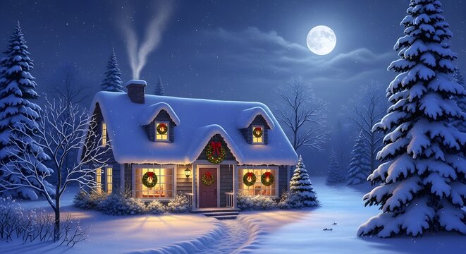 Cozy christmas cottage under snowy night sky with full moon - Powered by Adobe