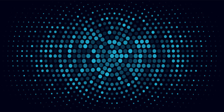 Abstract blue halftone background with a dynamic dot pattern forming a glowing wave effect on a dark backdrop. The modern and futuristic design creates a sense of depth,