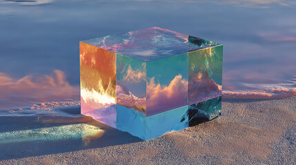 stunning digital illustration of a transparent prism cube resting on a sandy shore at sunset. The cube reflects a vibrant spectrum of colors and the surrounding clouds, creating a dreamlike