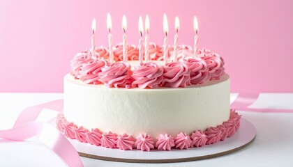 Frosted round cake, pink roses, lit candles, ribbon on white surface, pink background