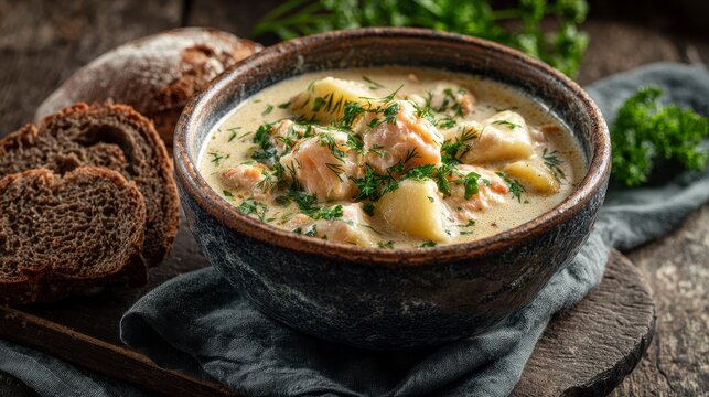 Close-up of creamy salmon and potato chowder in a rustic bowl, garnished with herbs, and served with bread slices, evoking warmth and flavor