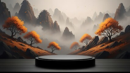 Misty mountain landscape with autumn trees and pedestal