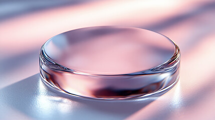 Sleek glass disc podium with soft pink reflections. Use for product showcase blogs, beauty websites, and tech articles focusing on minimalist design or premium product placement.