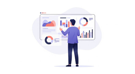 Business Analyst Presenting Data Dashboard in Modern Office