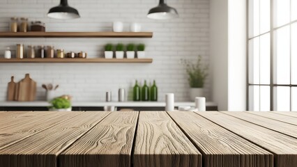 Modern kitchen interior with wooden table and shelves
