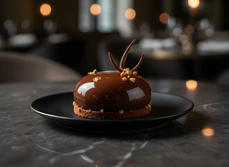 Elegant Chocolate Dessert
Luxury food photography of a smooth chocolate dome dessert with a shiny mirror glaze, garnished with gold leaf and chocolate curls.