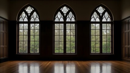 Three gothic stained glass windows in a dimly lit room