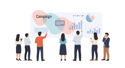 Team of Professionals Presenting Campaign Data on Large Board
