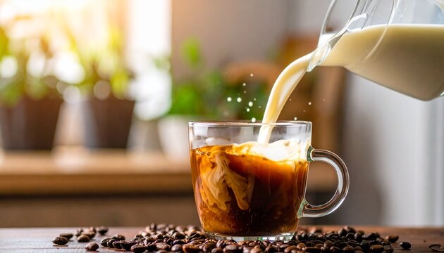 Caf&eacute; vien&eacute;s con leche verti&eacute;ndose en ambiente acogedor, Delicado chorro de leche en caf&eacute; con granos tostados, Ritual matutino: Preparando un caf&eacute; con leche cremosa