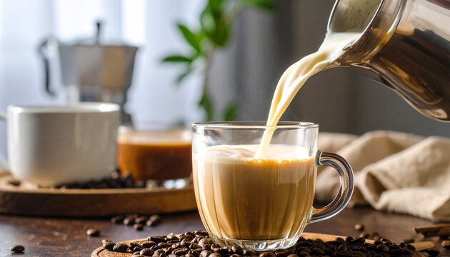 Caf&eacute; vien&eacute;s con leche verti&eacute;ndose en ambiente acogedor, Delicado chorro de leche en caf&eacute; con granos tostados, Ritual matutino: Preparando un caf&eacute; con leche cremosa