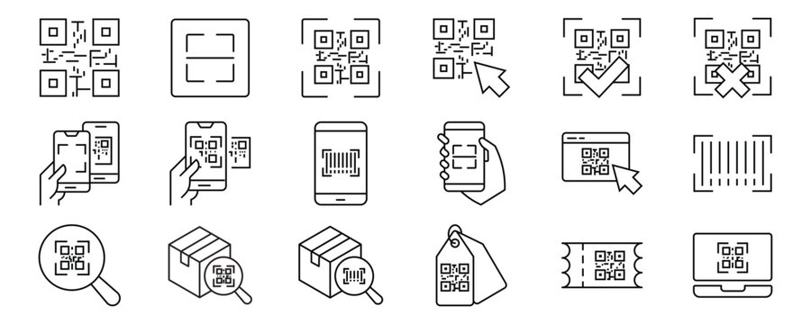 Qr code outline icon set. Editable stroke. Vector illustration