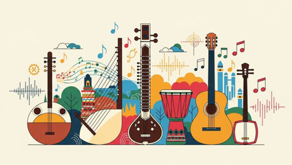 Collection of diverse musical instruments representing global music and culture ideal for sound desi