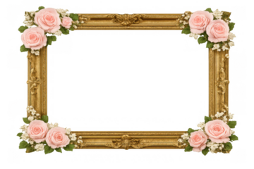 Gold antique ornate frame with pink roses and white flowers, romantic floral border for wedding, celebration, invitation