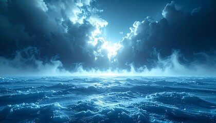 A surreal icy landscape beneath a dramatic, glowing sky with billowing clouds