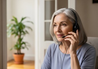 Senior woman wearing a headset while talking on a call at home, representing customer support service, remote communication, professional assistance, teleconsultation, trust, and modern digital 