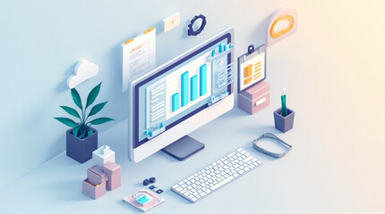 Modern workspace with computer and office supplies on clean desk