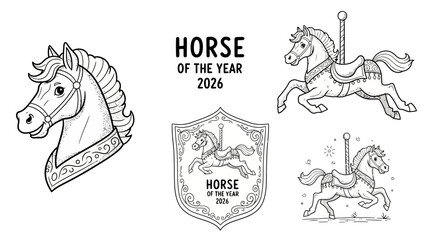 Collection of black and white line art illustrations featuring carousel horses and a horse head, with text "HORSE OF THE YEAR 2026".