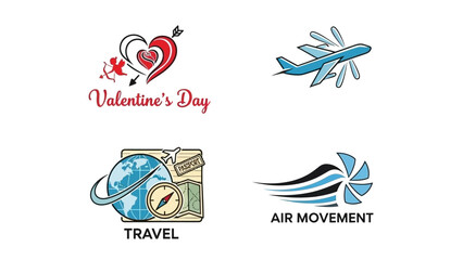 A collection of four distinct icons representing Valentine's Day, air travel, global exploration, and air movement.