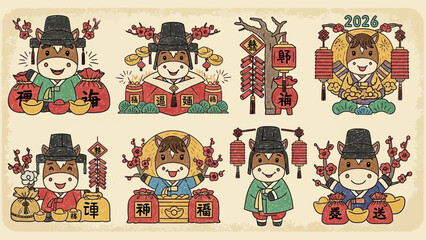 A collection of eight charming cartoon horses dressed in traditional Chinese attire, celebrating the Lunar New Year with festive decorations and symbols of good fortune.