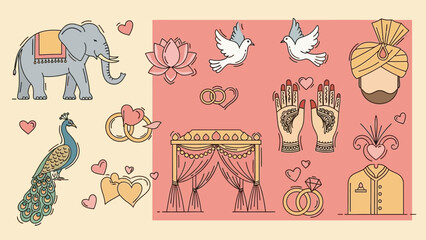 A collection of Indian wedding symbols and elements, including an elephant, peacock, lotus flower, doves, rings, and traditional attire.