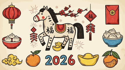A festive illustration celebrating the Chinese New Year of the Horse with traditional symbols like lanterns, firecrackers, and gold ingots.