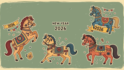 A festive illustration featuring four stylized horses adorned with decorative blankets and banners, celebrating the New Year of 2026.