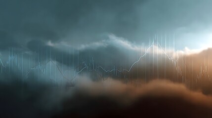 Abstract financial graph overlayed on a dramatic stormy cloudy sky with atmospheric lighting and data visualization elements