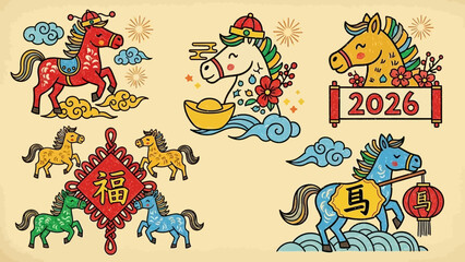 A collection of charming cartoon horses celebrating the Chinese New Year, adorned with traditional festive elements and the year 2026.