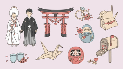 A collection of Japanese wedding symbols and cultural icons, including a bride and groom, torii gate, origami crane, tea cups, daruma doll, and matryoshka doll.