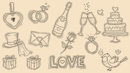 A charming collection of hand-drawn wedding and love-themed icons, including rings, a cake, champagne, and a bird.